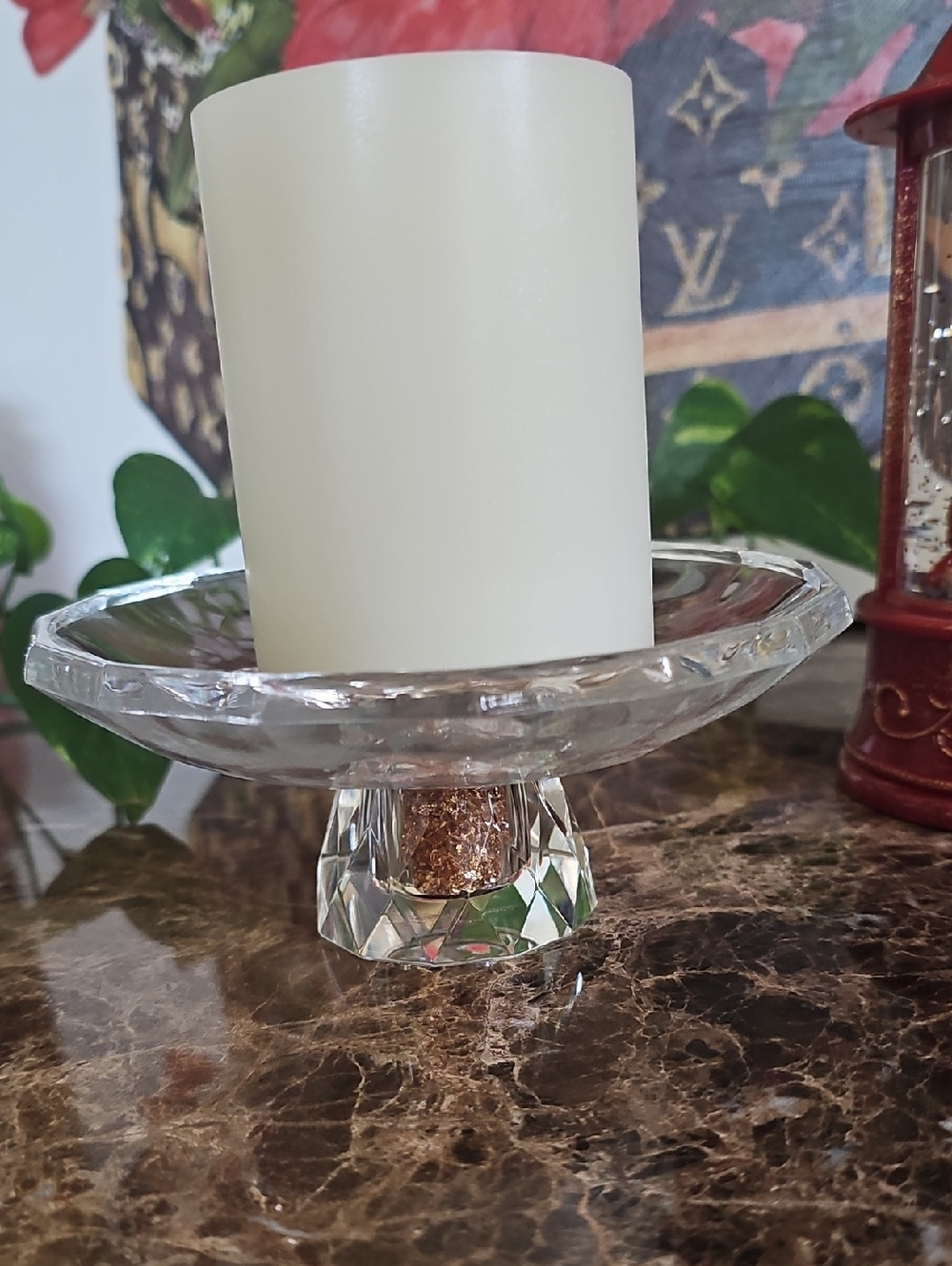 Crystal Glass Filled Swarovski Crystal Candle Holder w/Pillar Candle 5"Wx2"H New